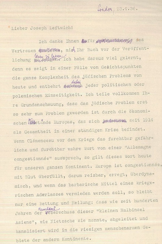 מכתבו של שטפן צוויג ליוסף לפטוויץ', אפריל 1936 (A330\205)